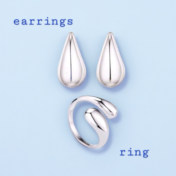 New! Woman Stainless Steel Silver Chunky Dome Drop Earrings & Ring. - Picture 4 of 4